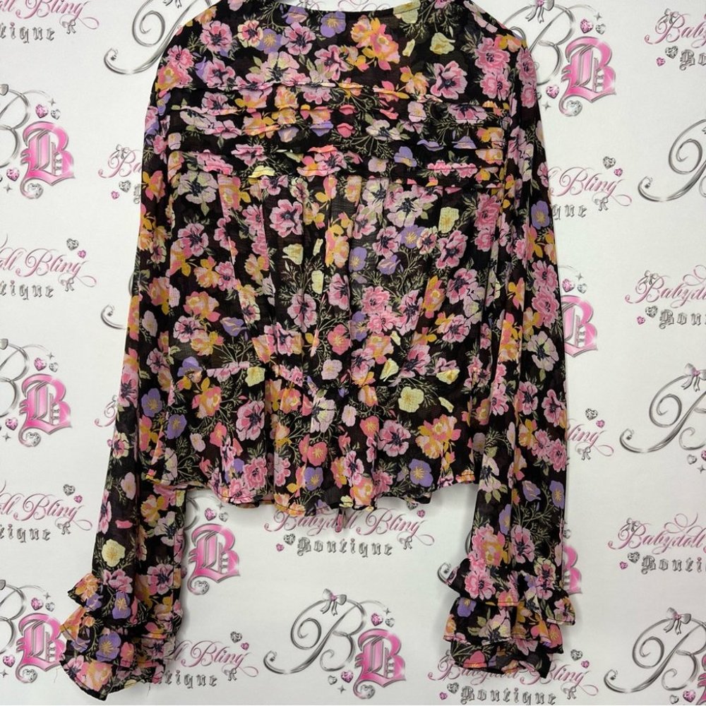 Free people blouse floral flowers rainbow 🌈 mixture neon bow tie ribbon 🎀 - Picture 4 of 14